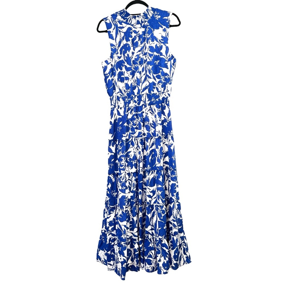 Msk Floral-Print Tiered Maxi Dress, Sleeveless, High Neck, Blue &‎ White, Sz Med - Picture 3 of 12